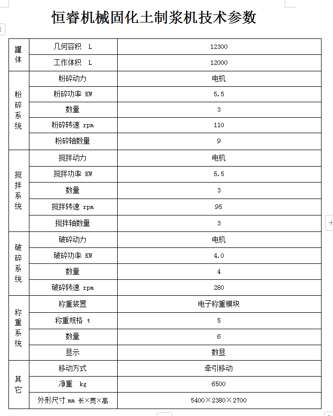 恒睿固化土制浆机参数表